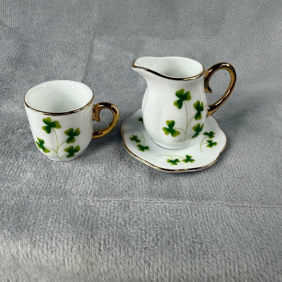 Shamrock Clover Pattern MINIATURE Creamer Cup & Saucer Set Gold Tone Trim - Picture 14 of 16